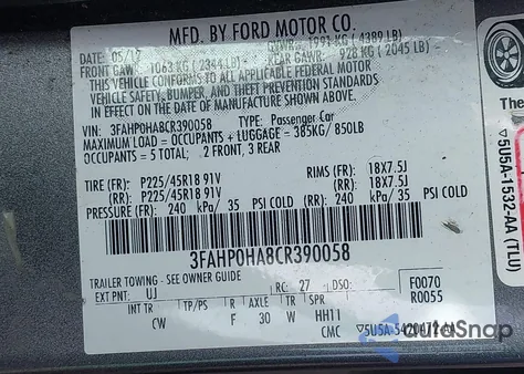 2012 Ford Fusion Se из США, поврежденный, VIN 3FAHP0HA8CR390058